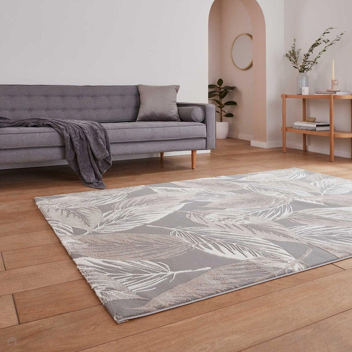 Washable Flores 1925 Modern Super-Soft Floral Leaves Verdant Textured Eco-Friendly Recycled Polyester Pile Grey/Cream/Beige Rug