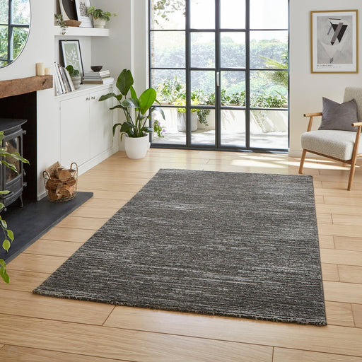 Washable Flores 1930 Modern Super-Soft Plain Subtle Lines Textured Eco-Friendly Recycled Polyester Pile Charcoal/Cream Rug