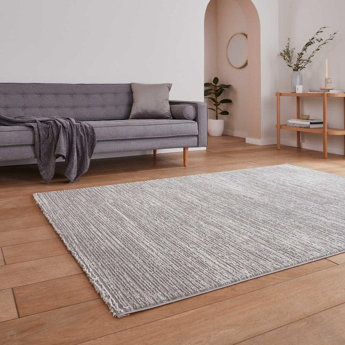 Washable Flores 1930 Modern Super Soft Plain Subtle Lines Textured Eco-Friendly Recycled Polyester Pile Grey/Cream Rug