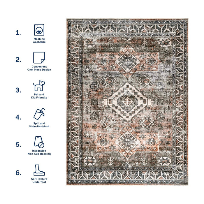 Washable Geometric Area Rug 60x90 cm Rust Color