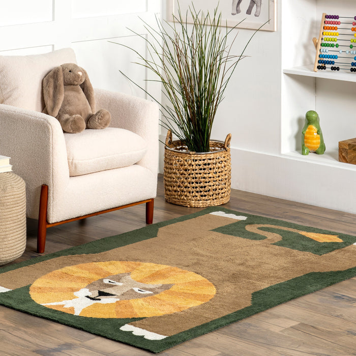 Washable Green Lion Area Rug for Playroom and Nursery