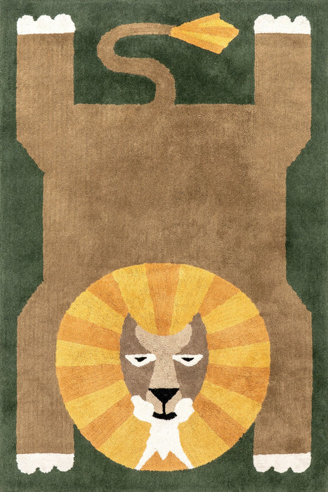 Washable Green Lion Area Rug for Playroom and Nursery