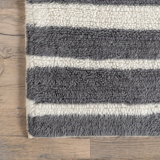 Washable Grey Wool Rug with Piano Key Design