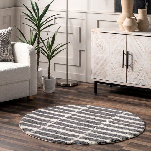 Washable Grey Wool Rug with Piano Key Design