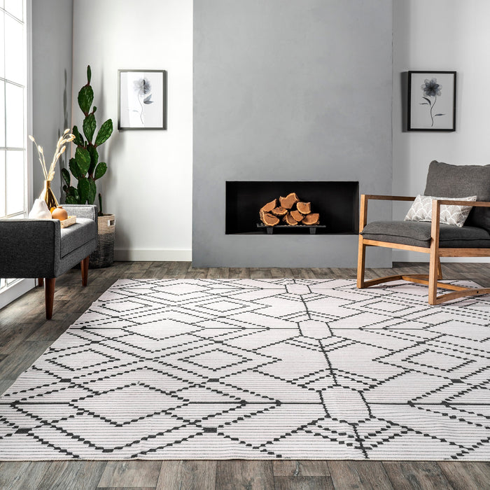 Washable Ivory Geometric Area Rug For High Traffic Spaces