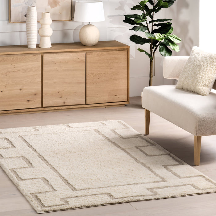 Washable Ivory Geometric Wool Rug 120x180 cm