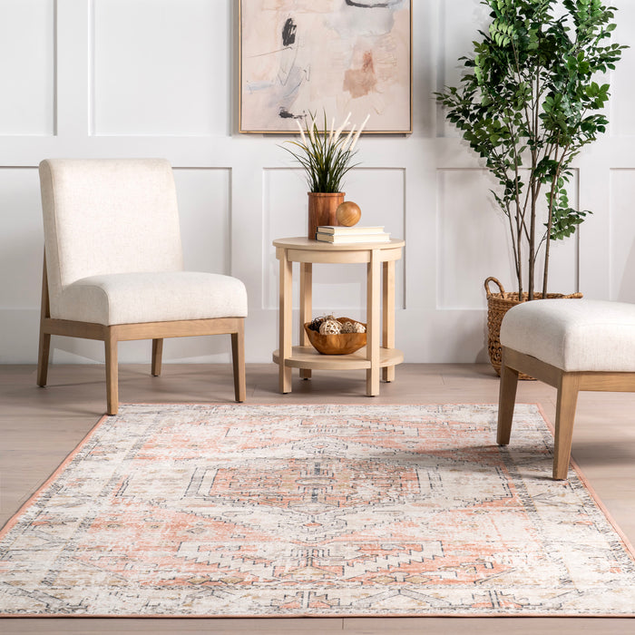 Washable Ivory Medallion Area Rug for Home Decor