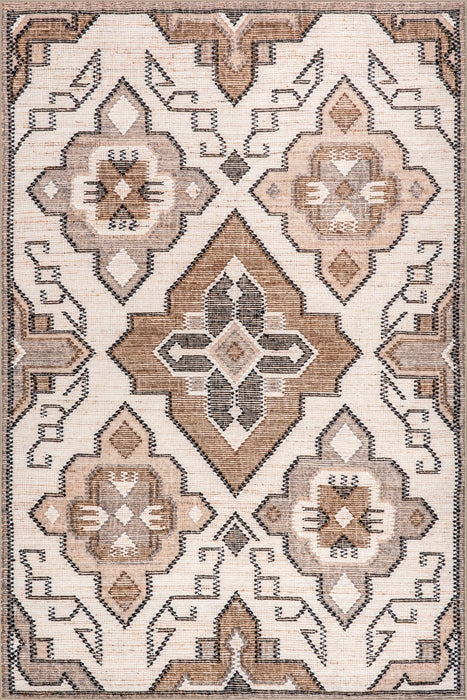 Washable Ivory Medallion Rug for High-Traffic Areas