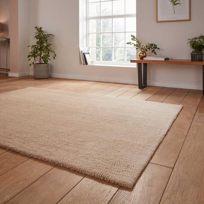 Washable Kara Plush Soft Plain Eco-Friendly Recycled Polyester Shaggy Beige Rug