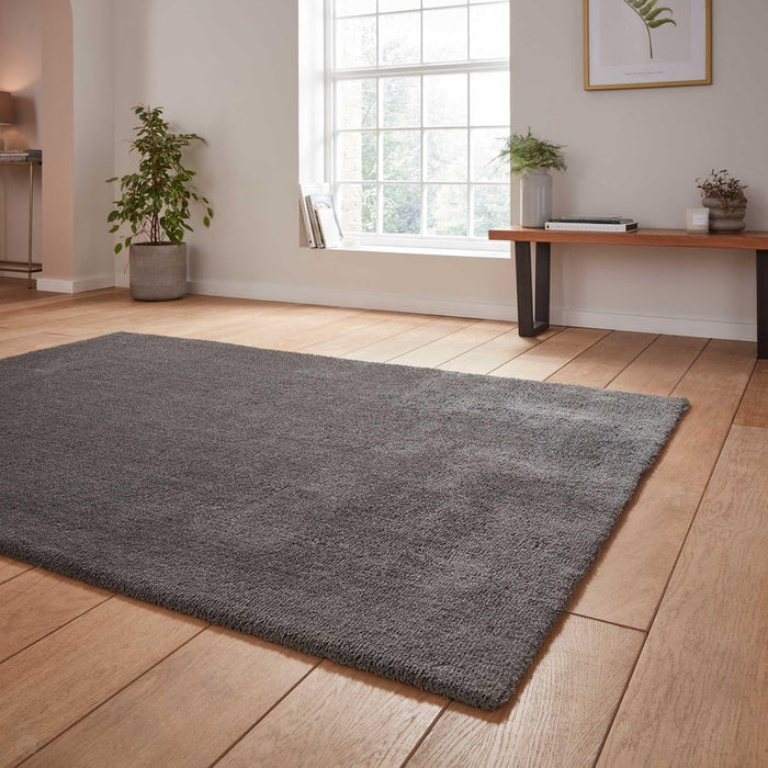 Washable Kara Plush Soft Plain Eco-Friendly Recycled Polyester Shaggy Charcoal Rug