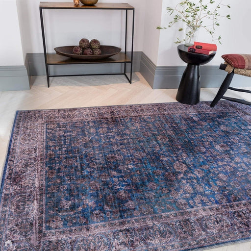 Washable Kaya Ava KY02 Traditional Persian Vintage Distressed Floral Durable Chenille Polyester Flatweave Blue/Multicolour Rug