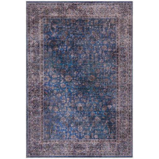 Washable Kaya Ava KY02 Traditional Persian Vintage Distressed Floral Durable Chenille Polyester Flatweave Blue/Multicolour Rug