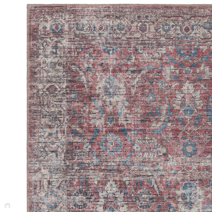 Wasbaar Kaya Mona KY10 Traditioneel Perzisch Vintage Distressed Bloemen Duurzaam Chenille Polyester Flatweave Rood/Blauw/Meerkleurig Tapijt