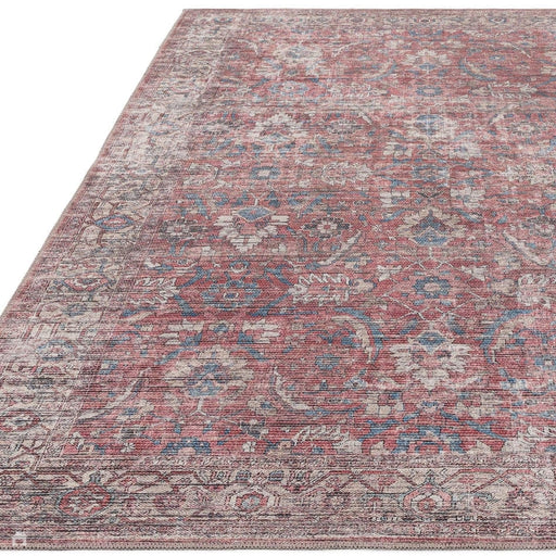 Washable Kaya Mona KY10 Traditional Persian Vintage Distressed Floral Durable Chenille Polyester Flatweave Red/Blue/Multicolour Rug