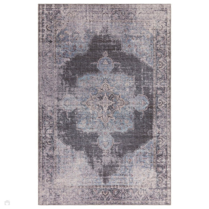 Wasbaar Kaya Roya KY05 Traditioneel Perzisch Vintage Distressed Bloemen Duurzaam Chenille Polyester Flatweave Blauw/Zwart/Grijs Tapijt