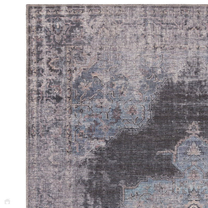 Wasbaar Kaya Roya KY05 Traditioneel Perzisch Vintage Distressed Bloemen Duurzaam Chenille Polyester Flatweave Blauw/Zwart/Grijs Tapijt