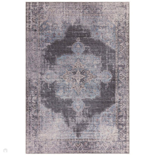 Washable Kaya Roya KY05 Traditional Persian Vintage Distressed Floral Durable Chenille Polyester Flatweave Blue/Black/Grey Rug