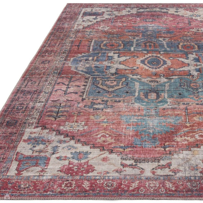 Wasbaar Kaya Shiva KY01 Traditioneel Perzisch Vintage Distressed Bloemen Duurzaam Chenille Polyester Flatweave Rood/Blauw/Meerkleurig Tapijt