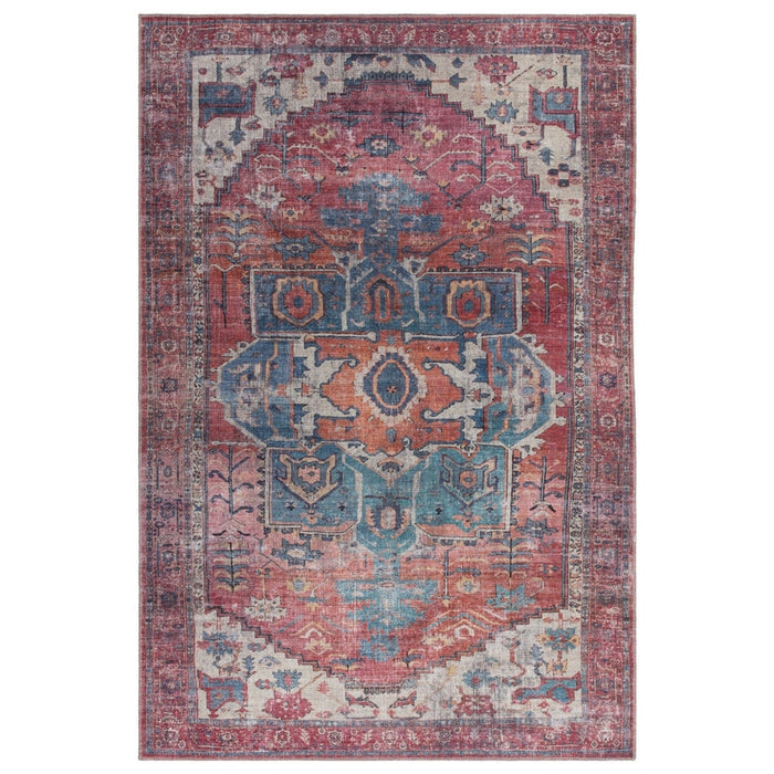 Wasbaar Kaya Shiva KY01 Traditioneel Perzisch Vintage Distressed Bloemen Duurzaam Chenille Polyester Flatweave Rood/Blauw/Meerkleurig Tapijt