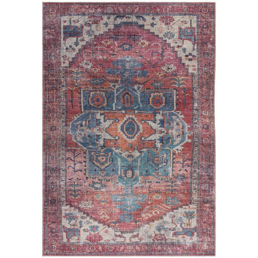 Washable Kaya Shiva KY01 Traditional Persian Vintage Distressed Floral Durable Chenille Polyester Flatweave Red/Blue/Multicolour Rug