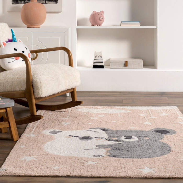 Washable Koala Hugs Kids Rug in Blush for Playrooms