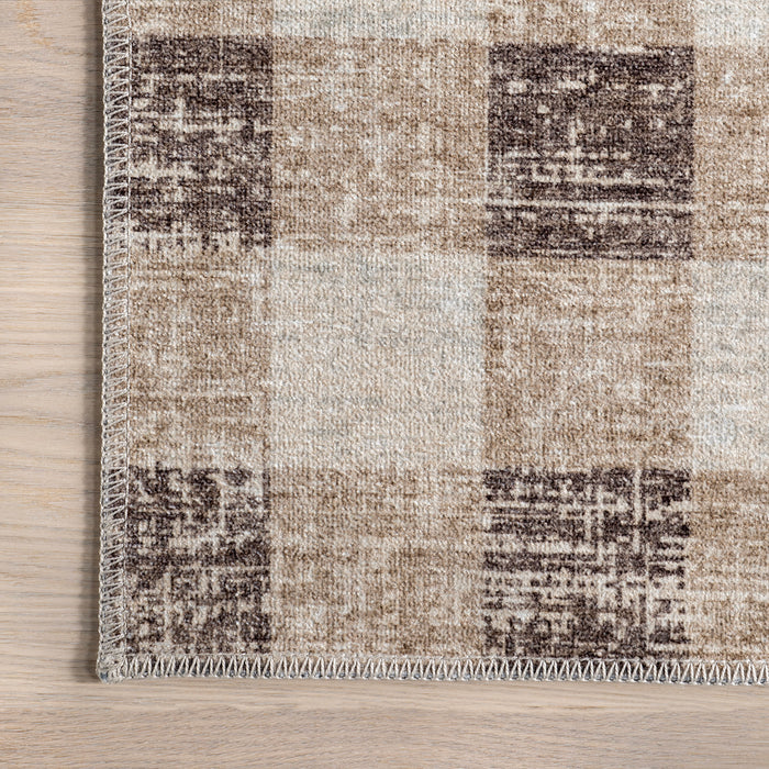 Washable Light Brown Gingham Plaid Area Rug 120x180 cm