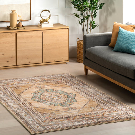 Washable Light Brown Medallion Area Rug 60cm x 90cm