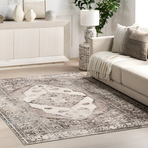 Washable Light Grey Medallion Area Rug 160x230 cm