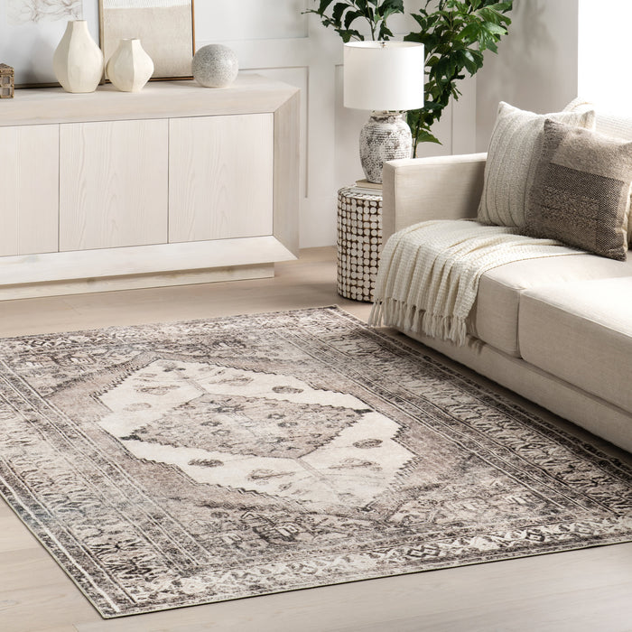 Washable Light Grey Medallion Area Rug 160x230 cm