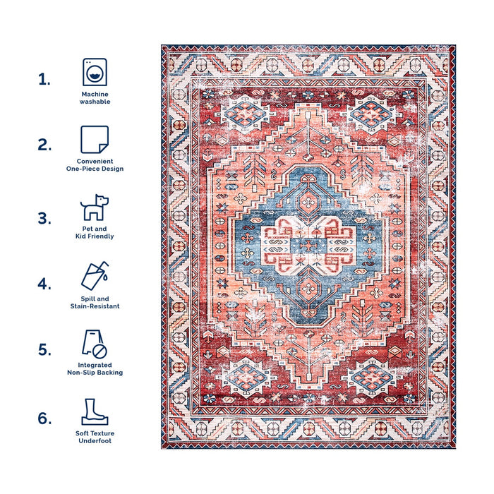 Washable Oriental Medallion Rug in Rust Color