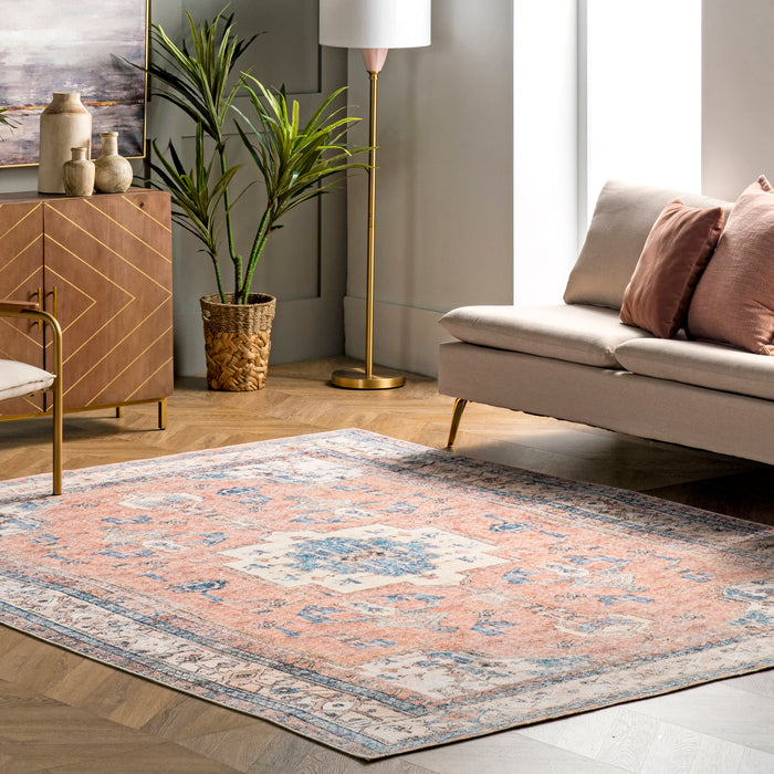 Washable Oriental Rug in Light Rust for Home Decor