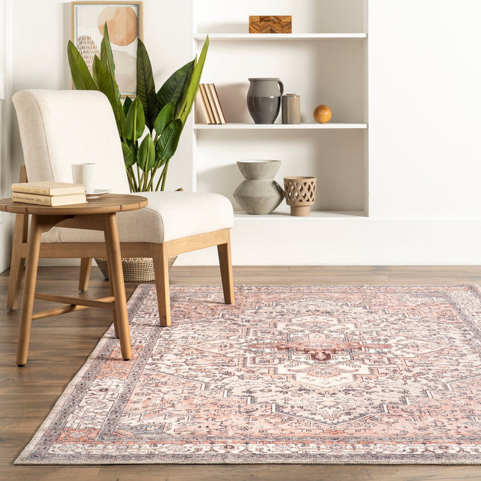 Washable Peach Medallion Rug for Homes with Kids and Pets