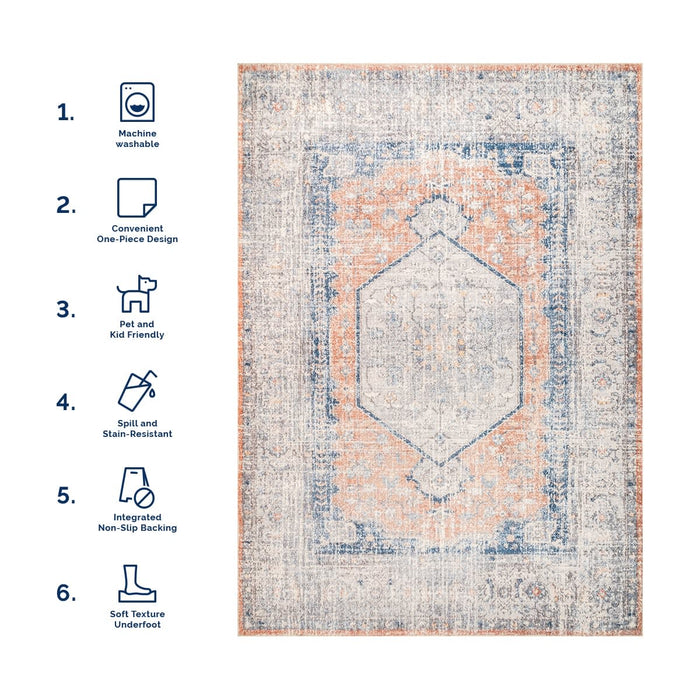 Washable Peach Medallion Rug for Homes with Kids and Pets