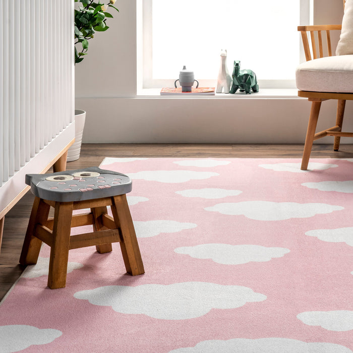 Washable Pink Kids Play Rug for Nursery or Playroom