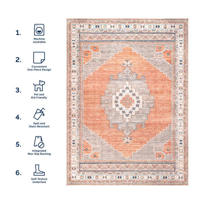 Washable Rust Medallion Area Rug for Homes with Kids and Pets