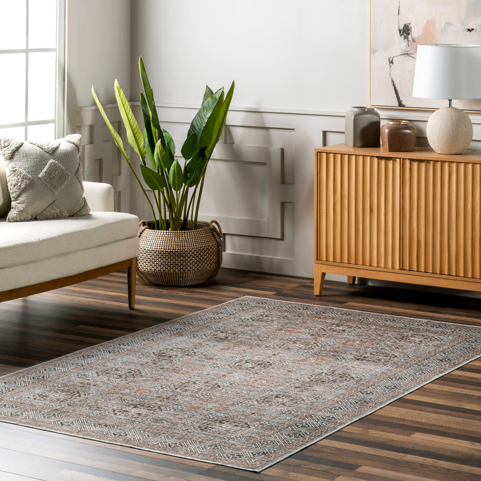 Washable Spill Proof Area Rug in Taupe with Trellis Design