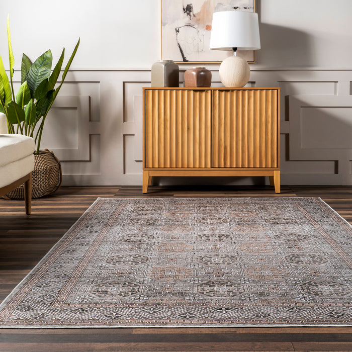 Washable Spill Proof Area Rug in Taupe with Trellis Design