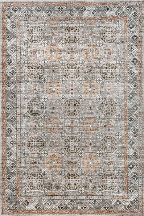 Washable Spill Proof Area Rug in Taupe with Trellis Design