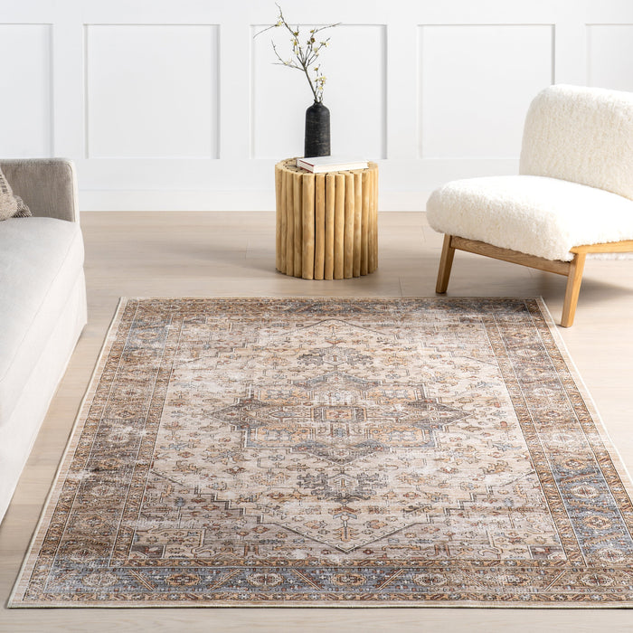 Washable Spill Proof Rug - Ivory Medallion Design 120x180 cm