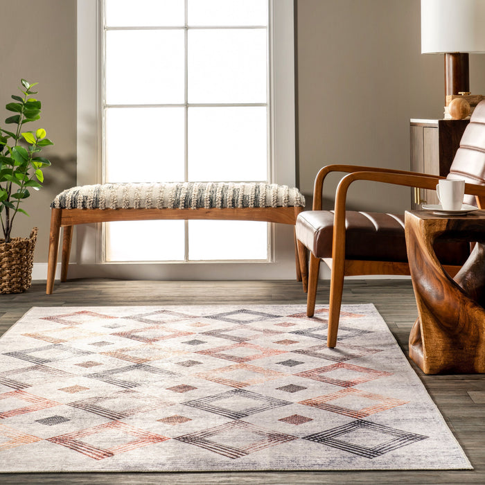 Washable Spill Proof Rug in Ivory and Multicolor Design