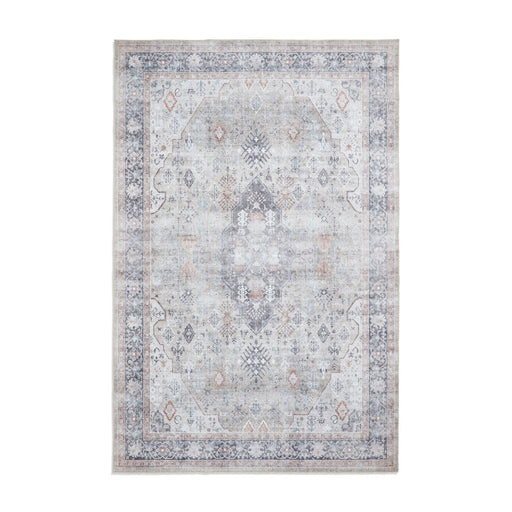 Washable Tabriz H1156 Traditional Vintage Distressed Medallion Border Polyester Flatweave Beige Rug