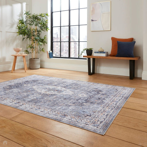 Washable Tabriz H1156 Traditional Vintage Distressed Medallion Border Polyester Flatweave Blue Rug 120 x 170 cm