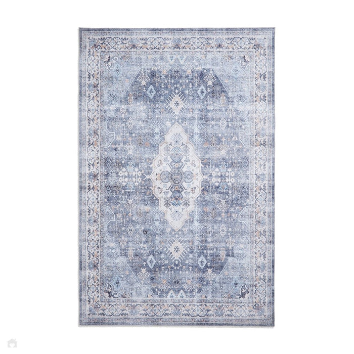 Tappeto lavabile Tabriz H1156 tradizionale vintage invecchiato con medaglione e bordo in poliestere a tessitura piatta, blu, 120 x 170 cm