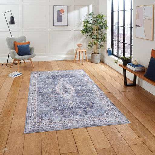 Washable Tabriz H1156 Traditional Vintage Distressed Medallion Border Polyester Flatweave Blue Rug 120 x 170 cm