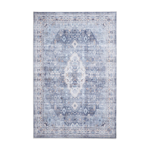 Washable Tabriz H1156 Traditional Vintage Distressed Medallion Border Polyester Flatweave Blue Rug