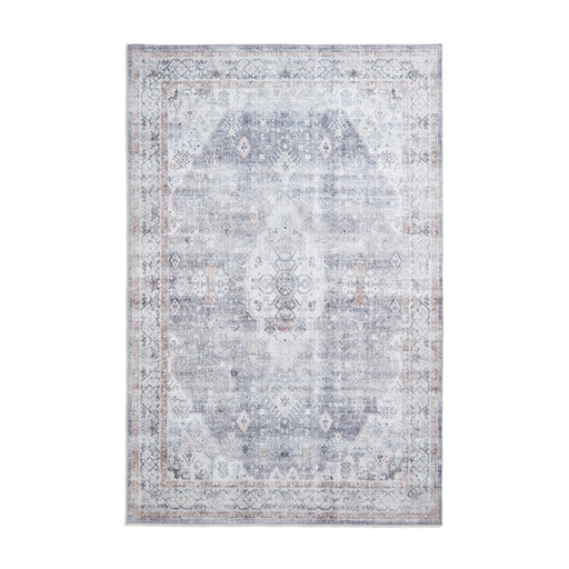 Washable Tabriz H1156 Traditional Vintage Distressed Medallion Border Polyester Flatweave Grey Rug