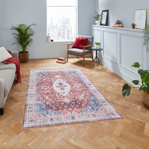 Washable Tabriz H1156 Traditional Vintage Distressed Medallion Border Polyester Flatweave Red Rug