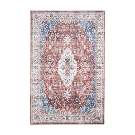 Washable Tabriz H1156 Traditional Vintage Distressed Medallion Border Polyester Flatweave Red Rug