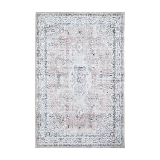 Washable Tabriz H1156 Traditional Vintage Distressed Medallion Border Polyester Flatweave Rose Pink Rug