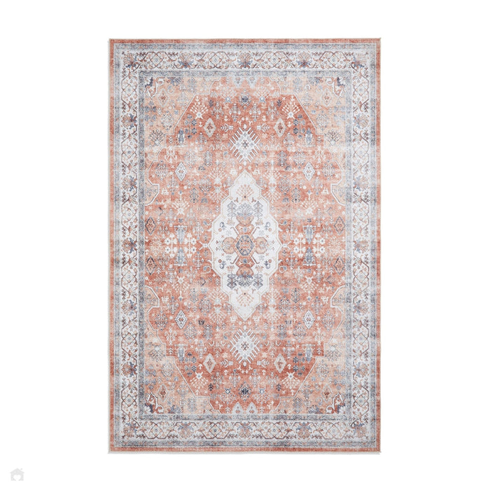 Πλύνετε το Tabriz H1156 Παραδοσιακό Vintage Distreded Medallion Border Polyester Flatweave Terracotta Rug